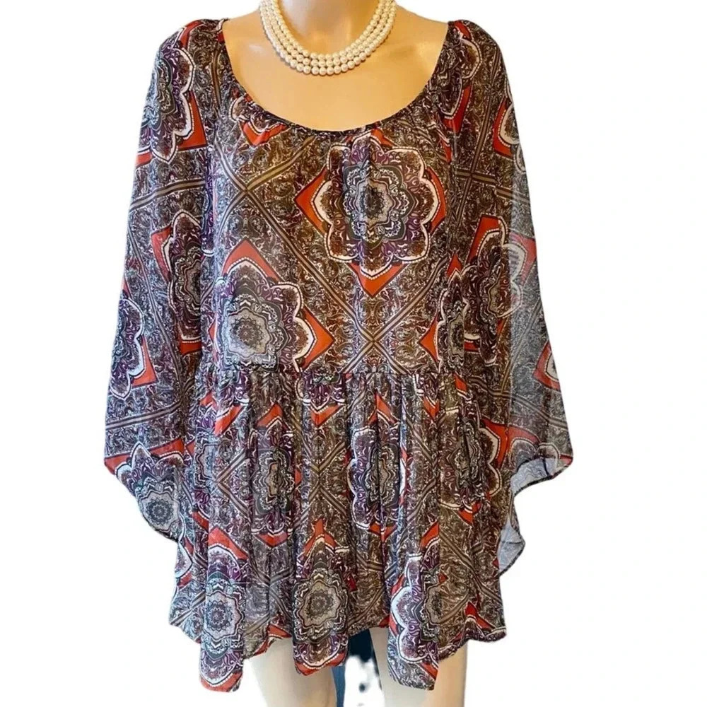 AB Studio Boho Floral Summer Beach Sexy See Through Top Women  Sze XL